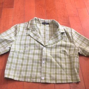 Green plaid button up top